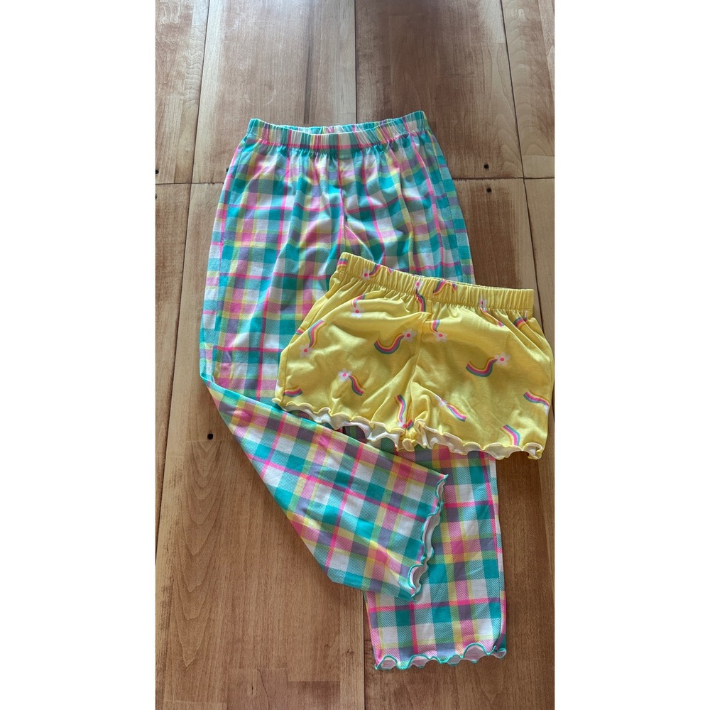 Cat & Jack Girls Pajama Bottoms‎ Set Large 10/12 Plaid Pants Rainbow Shorts